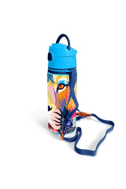 Coral High Kids Navy Blue Cobalt Blue Lion Patterned Aluminum Flask with Straw 600 ml 11938