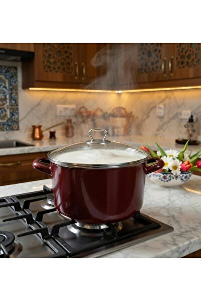EBRULİEMAYE Kazan Boy Brown Enamel Pot 8 Liters 28 cm Diameter with Gold Lid ...