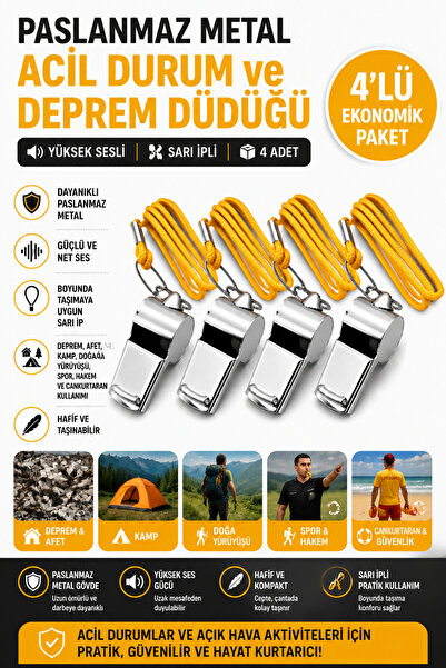 Milena Life Kaliteli 4 Adet Sarı İpli Paslanmaz Metal Deprem Düdüğü, Yüksek S...