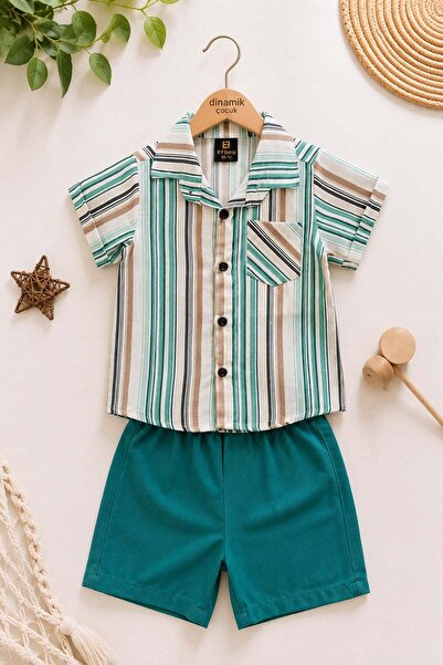 dinamik çocuk Boy's Colorful Striped Summer Short Sleeve Shirt with Satin Sho...