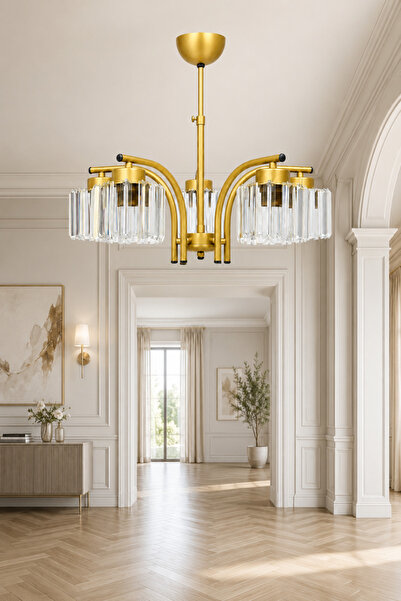 ESSLİGHT Venice 5’li Eskitme Kristal Taşlı Salon Mutfak Yatak Odası Avizesi