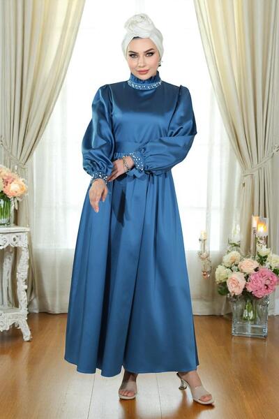 Missvalle Pearl Satin Evening Dress Indigo 19121