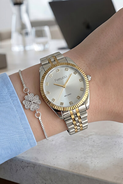 Ferrucci Bileklik Hediyeli Altın/Metalik Kadın Kol Saati 30 mm Jübile Çelik B...