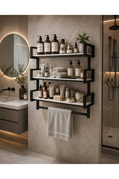 BRTWOODS Havluluklu 3 Katlı Metal Banyo Rafı Duvara Monte Şampuanlık Organize...
