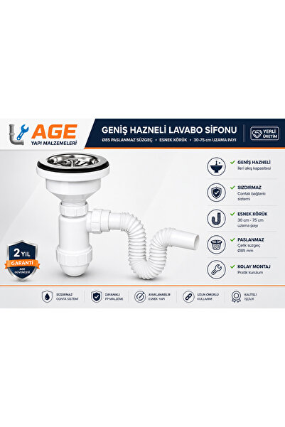 AGE YAPI TASLI Çöpmak Evye Sifonu – Beyaz renk , Koku Önleyici, Temizlenebili...