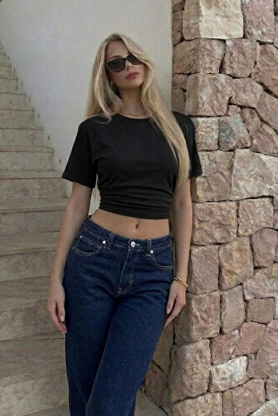 COMBİNE MİCHAİL Kadın Vücuda Oturan Siyah Crop Tişört