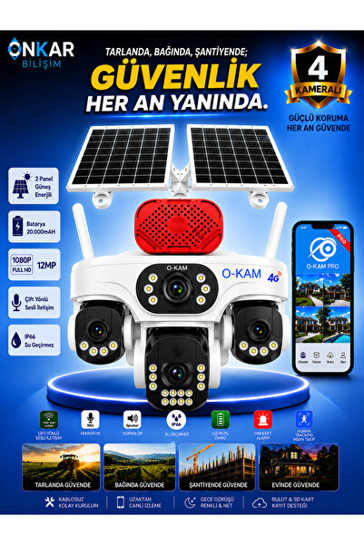 Onkar Bilişim OKAM PRO PREMİUM 337S 4 KAMERALI 7/24 KAYIT SİM KARTLI GÜNEŞ EN...