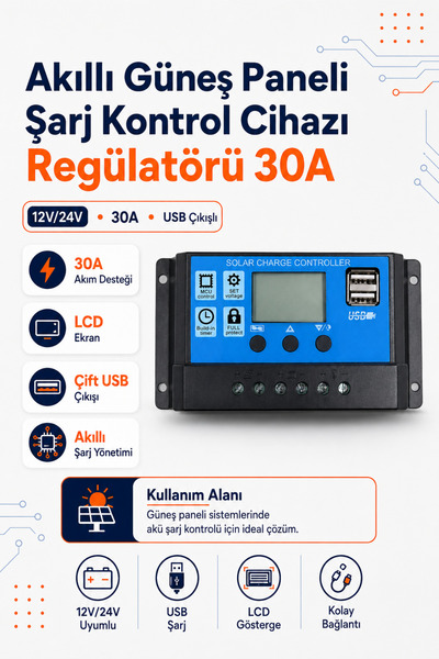 RobotikDepo Akıllı Güneş Paneli Şarj Kontrol Cihazı Regülatörü 30A
