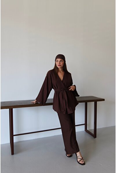 Laluvia Kahverengi Pamuklu Kimono Bol Paça Pantolon Takım
