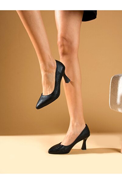 Alemdar Shoes Black Wrinkled Heeled Women's Shoes