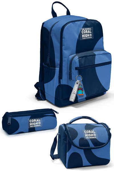 Coral High Navy Blue Blue Patterned 3-Piece School Bag Set SET0123688