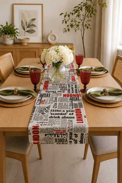 HOME ART ATELIER hand made London Gazete Baskılı Desenli keten 40x140cm Runner