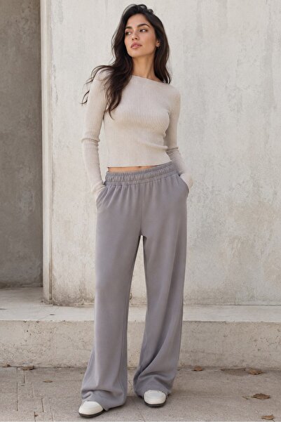 Madmext Dyed Gray Elastic Waist High Waist Spanish Leg Knitwear Trousers Mg2211