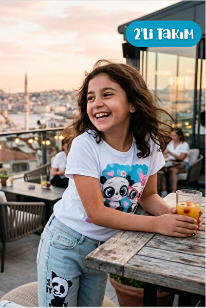 Hilal Akıncı Kids Devojčice Sa deznom Majica Panda Štampano Farmerke Pantalon...
