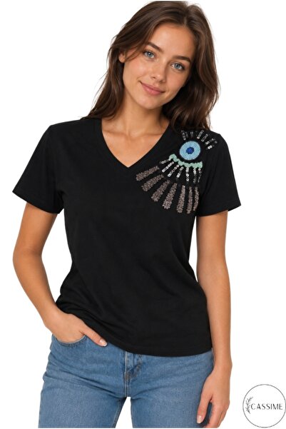 Cassime Women's Shoulder Eye Embroidery and Sequin Embroidery 100% Cotton Bla...