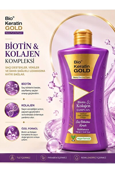 Bio Keratin Gold Biotin & Kolajen Yeniden Yapılandırıcı Etkili Tuzsuz Şampuan 700 ml