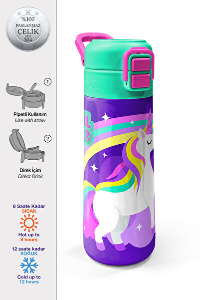 Coral High Kids Mor Su Yeşili Unicorn Desenli Pipetli ve Direkt İçim Çelik Te...