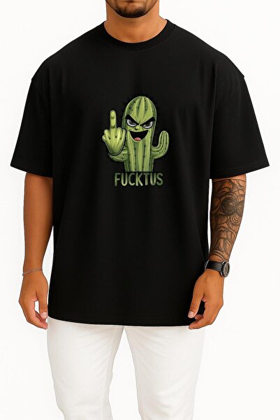 Bahriyeli Collection Oversized Middle Finger Prickly Cactus Chest Printed Uni...