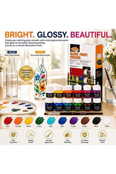 Alayjah 12-Color Glass Paint Set, Non-Toxic Pigments for Wall/Glass Art, Safe for Students & Kids 20100172