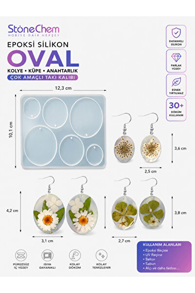 stonechem Epoksi Silikon Oval Kolye Küpe Anahtarlık Kalıbı Çok Amaçlı Takı Ka...