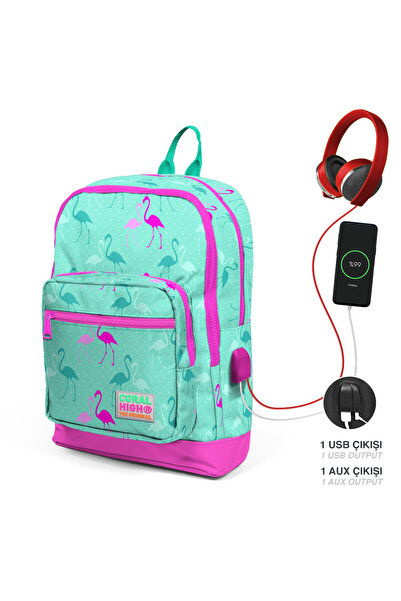Coral High Kids Su Yeşili Flamingo Desenli Usb Şarjlı Kulaklık Çıkışlı Okul S...