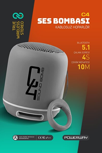 POWERWAY C4 Gümüş Taşınabilir Bluetooth Hoparlör Ses Bombası Yüksek Ses Gücü ...