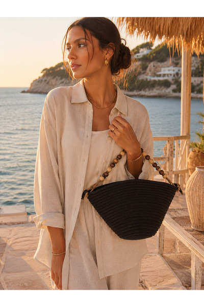 SHINELUC Boncuk Detaylı Siyah Hasır Clutch Kadın Yazlık Çanta