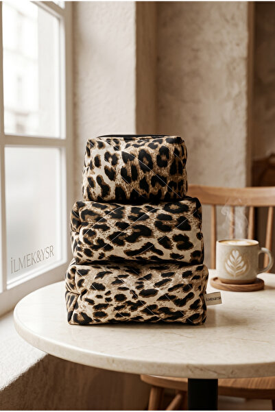 Bestway ve Diğeri Leopard Patterned Quilted 3-Piece Makeup Travel Organizer a...