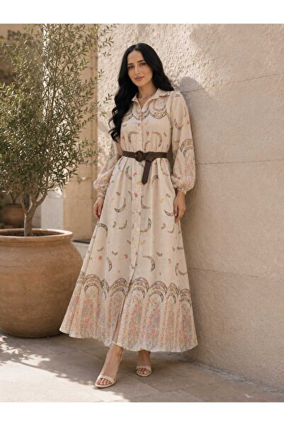 Myawomenswear Otantik Desenli Hakim Yaka Önden Düğmeli Keten Elbese