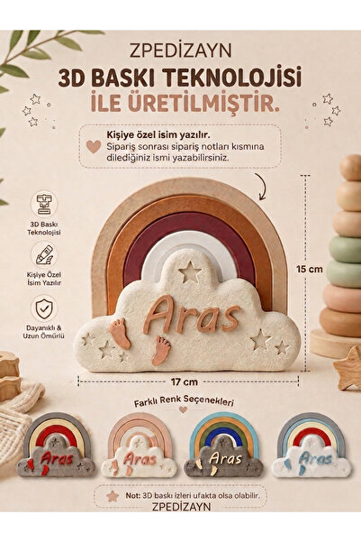 3D Kişiye Özel Bulut-Gökkuşağı Bebek İsimlik