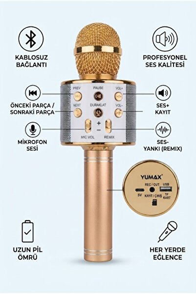 yumax Kablosuz Karaoke Mikrofon – Bluetooth, 60 Desibel Metal Gövde, USB & SD...