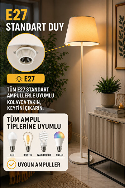 Luna Lighting Lucca Model Krem Metal Ayaklı Bohem Lambader 145 cm Kumaş Başlıklı Salon Yatak Odası Köşe Aydınlatma
