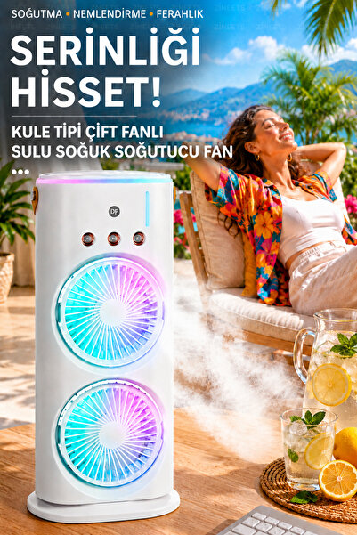 Zineets ŞARJLI Büyük Boy Sulu Buharlı Çiftli Fan Vantilatör Masaüstü Taşınabi...