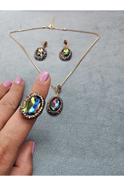 Nurnova 4005 Kadın Bronz Takı Mistik Topaz Taşlı 3'lü Takı Seti (Kolye, Küpe,...