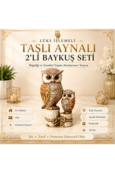 e-life shop Lüks İşlemeli Taşlı Aynalı 2'li Baykuş Biblo Seti Dekoratif Ev Of...