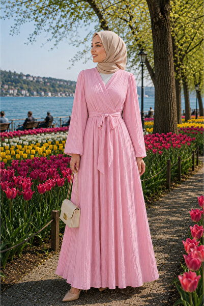 Gönül Polat Pembe Dokulu Viskon Kumaş Kruvaze Kapama Belden Bağlamalı Maxi Bo...