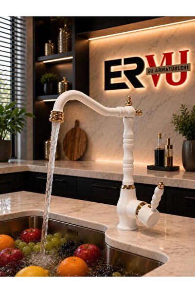 Ervu Yapı Beyaz Altın Ara Musluk Mutfak Eviye (SICAK SOĞUK GİRİŞLİ, PİRİNÇ MA...