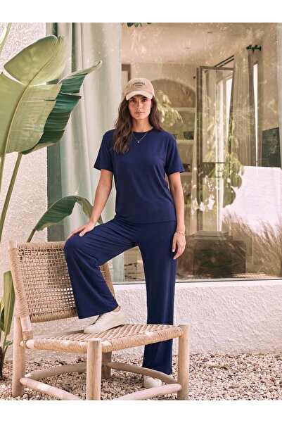 ONLOOX Navy Blue Flexible Modal Viscose Fabric Crew Neck Elastic Waist Comfor...