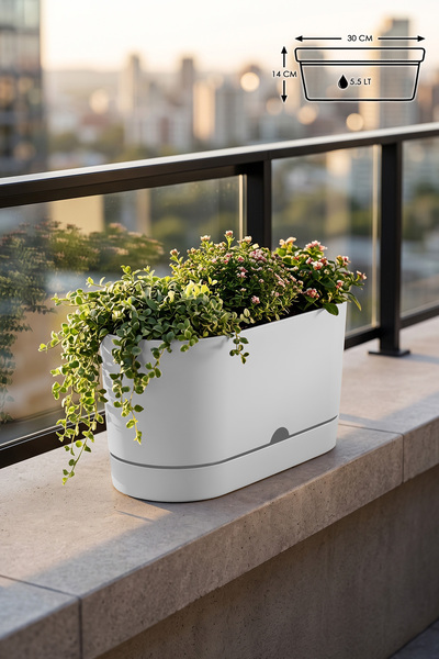 ToXA 5.5 Litre Beyaz Begonya Balkon Saksı Dekoratif Tabaklı Izgarasız Mat Pla...