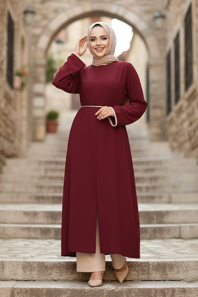 N.S NEVA STYLE Set dublu de tesettur roșu claret închis cu detaliu de fante 7...