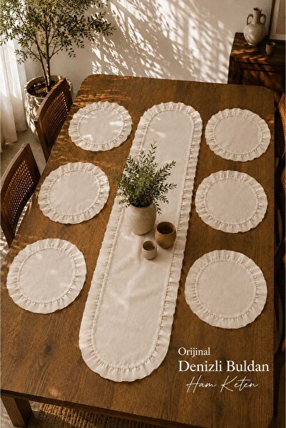Deko Dekor 40x140 Fırfırlı Keten Runner & 6'lı Fıfırlı Supla Seti Toplam 7 Pa...