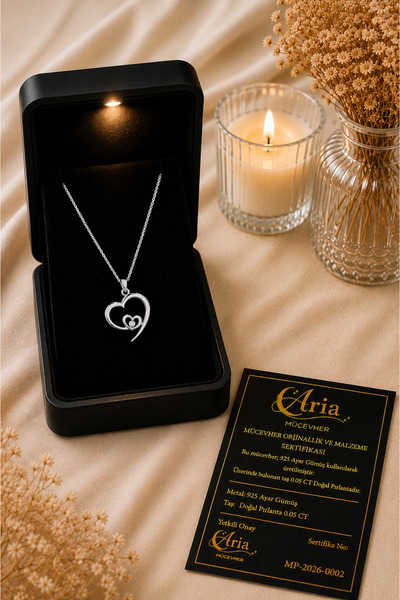 eva'sjewellery diamond Kalp Kolye Doğal Pırlantalı, 925 Ayar Gümüş, 18 Ayar G...