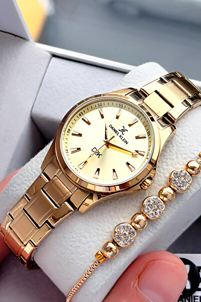 Daniel Klein Waterproof Women's Wristwatch Gold Color Steel Band + Gift Brace...
