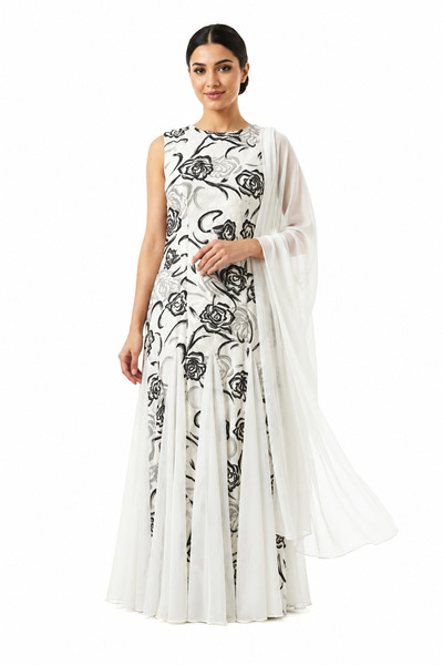 unbranded Women's Ivory & Black Floral Embroidered Maxi Evening Dress with Ch...