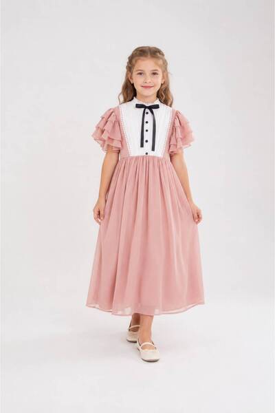 Eray Kids Kolları Fırfırlı Pileli Şifon Uzun Kız Çocuk Abiye Elbise