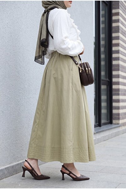 Modamorfo Elastic Waist Pocketed Skirt with Stitching Detail - Olive Green