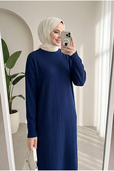 Lintersia Women's Navy Blue Ribbed Loose Knitwear Dress Suitable for Hijab Wear