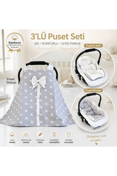 ebabynest Big Star Serisi Gri Beyaz Puset Örtüsü 3'lü Set