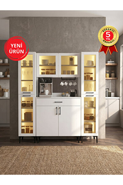 dorpek Temperli Cam Kapaklı Led Işıklı Kahve Köşesi, 8 Kapaklı ve Çekmeceli 1...