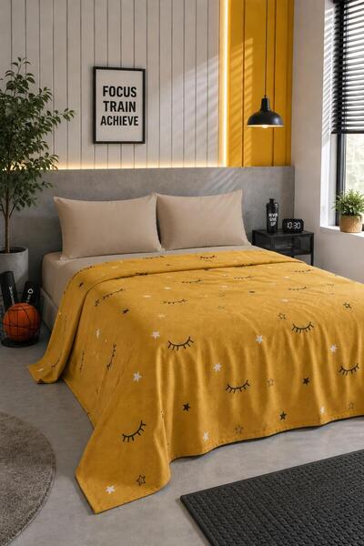 Eponj Home Pătură din bumbac natural 100% piqué, dublă, galbenă